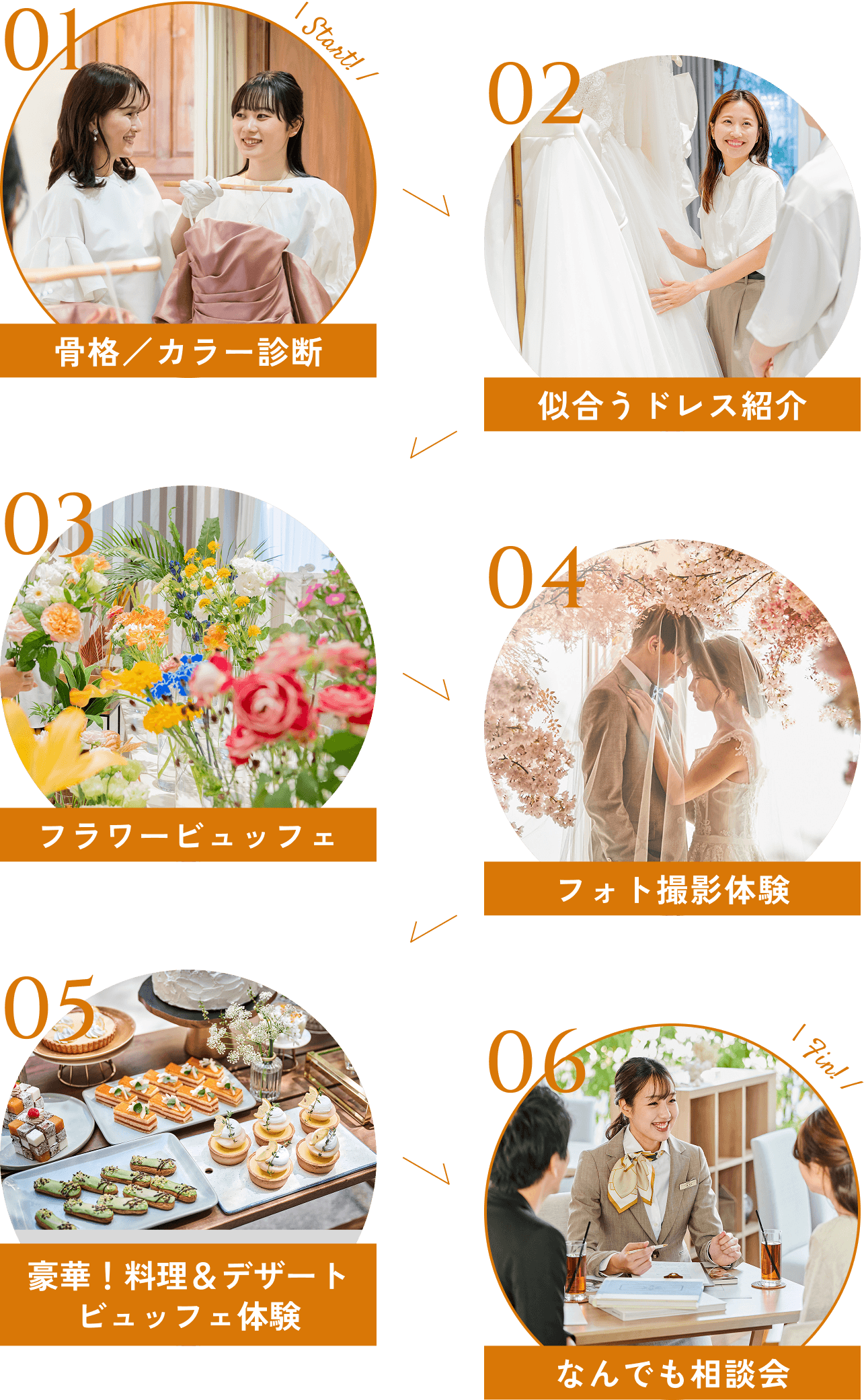 Start! 01.骨格／カラー診断 → 02.似合うドレス紹介 → 03.フラワービュッフェ → 04.フォト撮影体験 → 05.豪華！料理＆デザートビュッフェ体験 → 06.なんでも相談会 Fin!